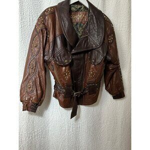 Vtg 80's studded Gladiator 2 tone Brown Biker leatherJacket Mallorca Spain SZ M
